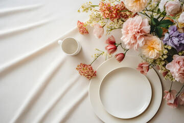 Elegant Wedding Decor: Top View of Refined Table Setting with Flowers on Cream White Tablecloth