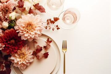 Elegant Wedding Decor: Top View of Refined Table Setting with Flowers on Cream White Tablecloth