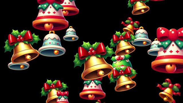 Different types of Christmas bells moving in a wiggly motion , Christmas bells animation video, Christmas celebration background .