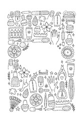 Manicure and pedicure collection. Icons set. Vertical background for your design. Colouring page