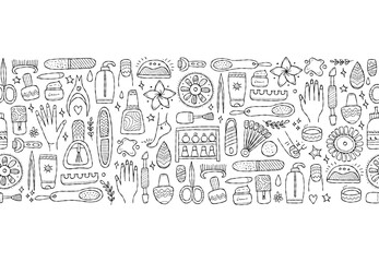 Obraz premium Manicure and pedicure collection. Horizontal seamless pattern background for your design. Colouring page