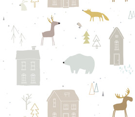 Seamless winter pattren with forest animals and houses