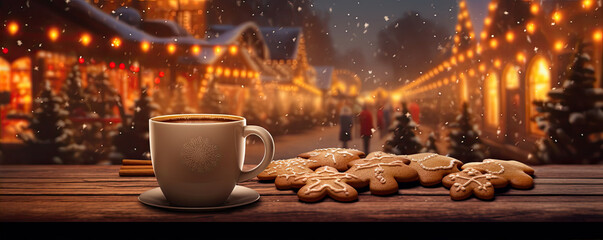 Christmas cup of the cinnamon tea and cake with decoration on the wooden table . - Powered by Adobe
