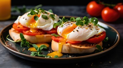 Breakfast food on toasted bread with fresh eggs with herbs