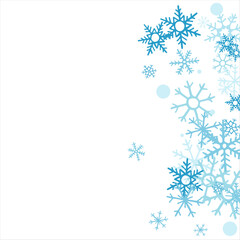 winter snow with blue snowflakes on a white background. Festive Christmas banner, New Year card. Symbols of frosty winter. Vector illustration.