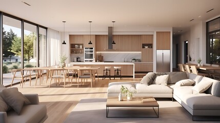 Obraz na płótnie Canvas A modern minimalist home interior design with clean lines, sleek furniture, and neutral color palette, featuring an open-concept living space connected to a spacious kitchen, bathed in natural light