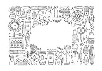 Naklejka premium Manicure and pedicure collection. Icons set. Horizontal background for your design. Colouring page