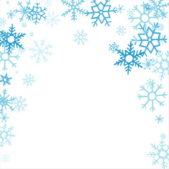 winter snow with blue snowflakes on a white background. Festive Christmas banner, New Year card. Symbols of frosty winter. Vector illustration.