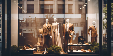 Luxury clothing fashion shop with mannequins, Elegant clothing collection displayed in modern boutique window shopping. Generative Ai - obrazy, fototapety, plakaty