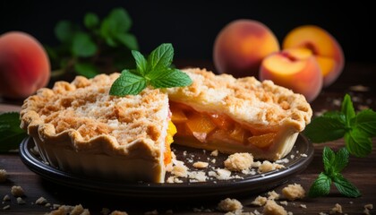 Delicious homemade peach pie with fresh ripe peaches served on a rustic wooden table background