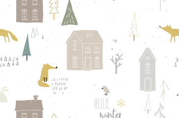 Seamless winter pattren with foxes and houses