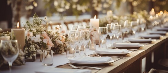 In the serene background of a vintage restaurant a beautifully designed table adorned with white floral arrangements and summer flowers captured the essence of nature and love adding a touch - obrazy, fototapety, plakaty