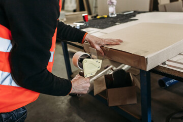 Packaging of furniture boards in cardboard and gluing with adhesive tape.