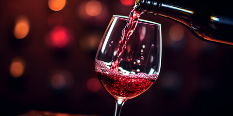 glass of wine, Wining and Dining to Grow, Red wine being poured in wineglass, closeup, Red wine being poured from a bottle into a wine glass. Generative Ai