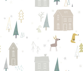 Seamless winter pattren with forest animals and houses
