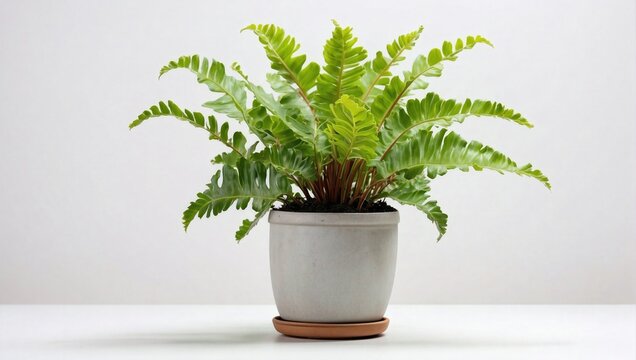Lush bird's nest fern in a speckled grey pot, an ornamental plant with ruffled green fronds
