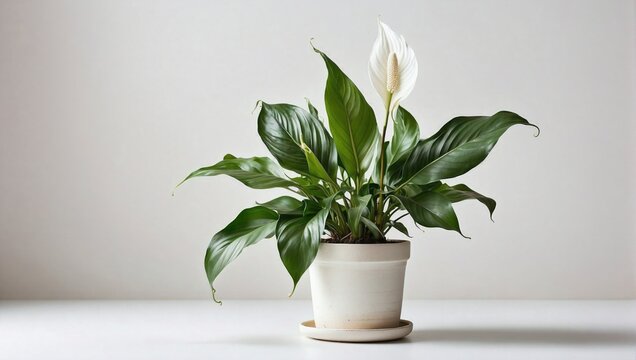 Elegant peace lily with white spathes in a textured cream pot, a serene and air-purifying plant