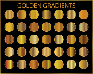 Gold gradient set background vector icon texture metallic illustration for frame, ribbon, banner, coin and label. Realistic abstract golden design seamless pattern. Elegant light and shine template
