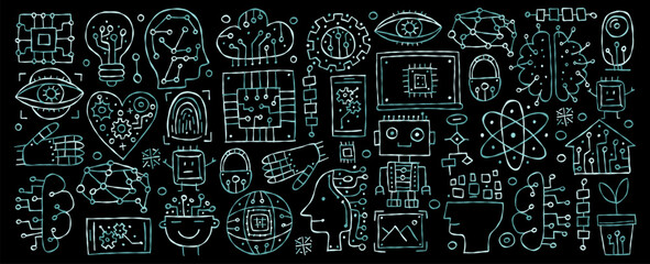 Artificial intelligence concept art. Hand drawn design elements. Horizontal banner for your design
