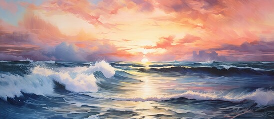 The artist skillfully painted a colorful watercolor landscape capturing the vibrant texture of nature with broad strokes on paper depicting a stunning sunrise over the sea where the waves da - obrazy, fototapety, plakaty