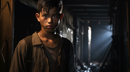 Portrait of a young Asian boy in a dark abandoned building. 