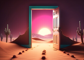 Opened door on desert. Unknown and start up concept.  AI Generative