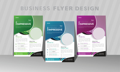 Modern and aesthetic business flyer templates with blue, green, and purple color combinations. 