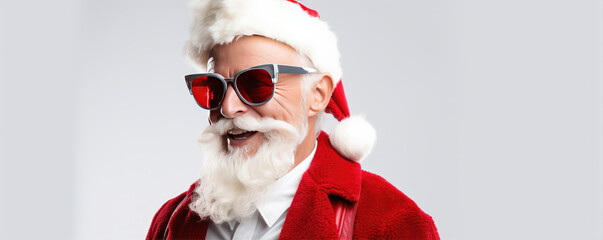 Portrait of the trendy Santa Claus looking for the camera with sunglasses