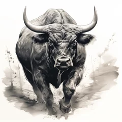 Muurstickers Bull head with big horns in grunge style. Illustration for your design. bull on white background, digital painting, sketch. © korkut82