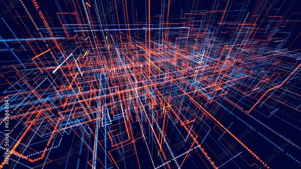 Poster glow particles form lines. info concept lines and nodes, ai construction light grid. lines red blue 