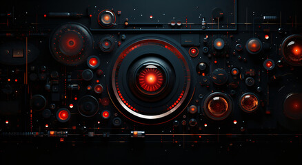 Fototapeta premium black and red abstract high-tech design background, futuristic geometric wallpaper, dark technology surface with round red glowing elements