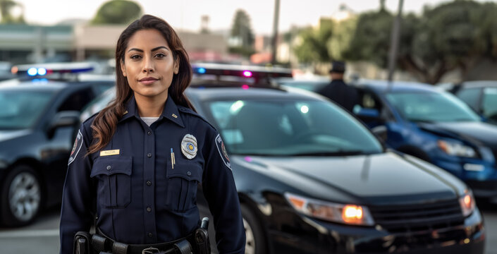 Woman working as police officer or cop, closeup portrait, blurred vehicle and city background. Generative AI