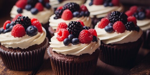 Chocolate cupcakes with cream cheese frosting and fresh berries, lovely and delicious dessert snack background. - Powered by Adobe