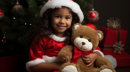 Fototapeta na wymiar Cute little girl playing with teddy bear under Christmas Tree at home on Xmas eve, with copy space.