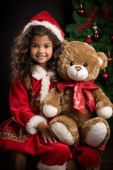 Fototapeta na wymiar Cute pretty girl wearing santa hat cuddling with her teddy bear christmas present toy. Cheeky kid hugging her teddy bear on xmas background with copy space.