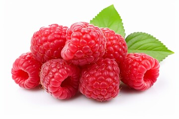 Fresh and appetizing raspberries with vibrant green leaves isolated on a pristine white background