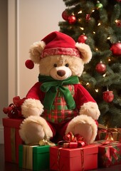 Cute Santa Claus Teddy bear with festively decoration sitting under shiny Christmas Tree at home, Merry Christmas background with copy space, Vertical photo for greeting cards.