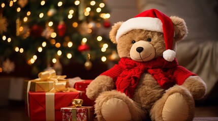 Cute Christmas teddy bear sitting on holidays gift boxes piles under Xmas Tree on shiny warm celebration home background, with copy space.