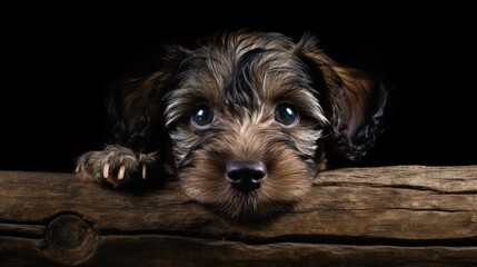 Close up of an adorable puppy dog looks through wooden fence post with wet nose isolated on black background. - Powered by Adobe