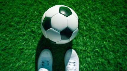 Soccer football background. Soccer ball and pair of football sports shoes on artificial turf soccer field Top view
