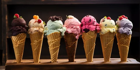Foto auf Alu-Dibond Set of various ice cream scoops in waffle cones array on wooden background © Jasper W