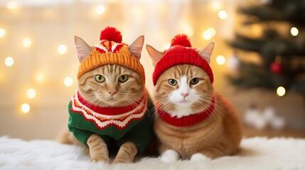 Two cute ginger cats dressed up with Christmas holiday costumes sitting together on blurred celebration holidays background, with copy space, funny holiday animal portraits.