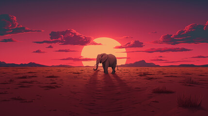 Fototapeta na wymiar African Elephant Among Trees in Sunset, savannah during a beautiful sunset in the evening