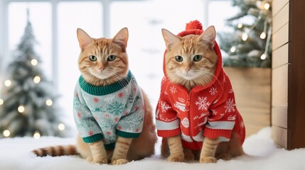 Two cute ginger cats dressed up with Christmas holiday costumes sitting together on blurred celebration holidays background, with copy space, funny holiday animal portraits.