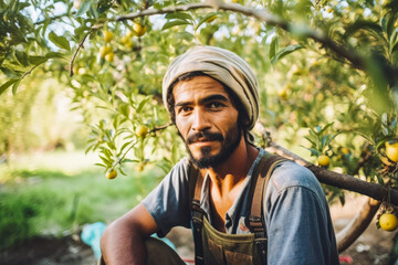 Naklejka na ściany i meble Middle eastern or Arab farmer worker, man working in orchard fruit garden. Generative AI