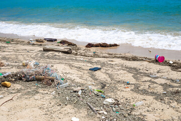 Fototapeta na wymiar Garbage on the seashore. Dirty beach, environmental problem.
