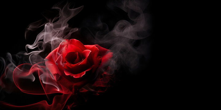 Red rose with smoke on a black background. Valentine's Day, Rose on black background with smoke, valentine's day rose photography background. Generative ai