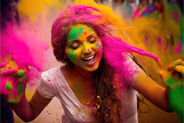 Portrait of a happy young woman covered with colored powder. Holi festival