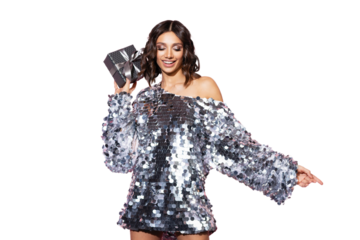 Beautiful happy woman wearing sparkle dress with gift box at celebration party. New Year eve celebrating concept. Isolated on transparent