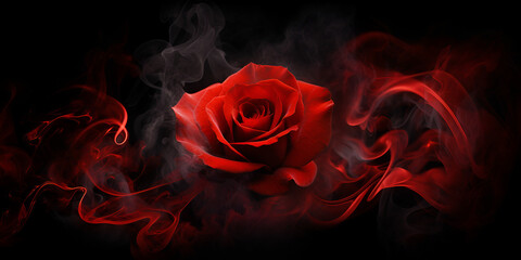 Fototapeta premium red rose on black, red rose with smoke, simple vectorial rose wallpaper black background. Generative ai